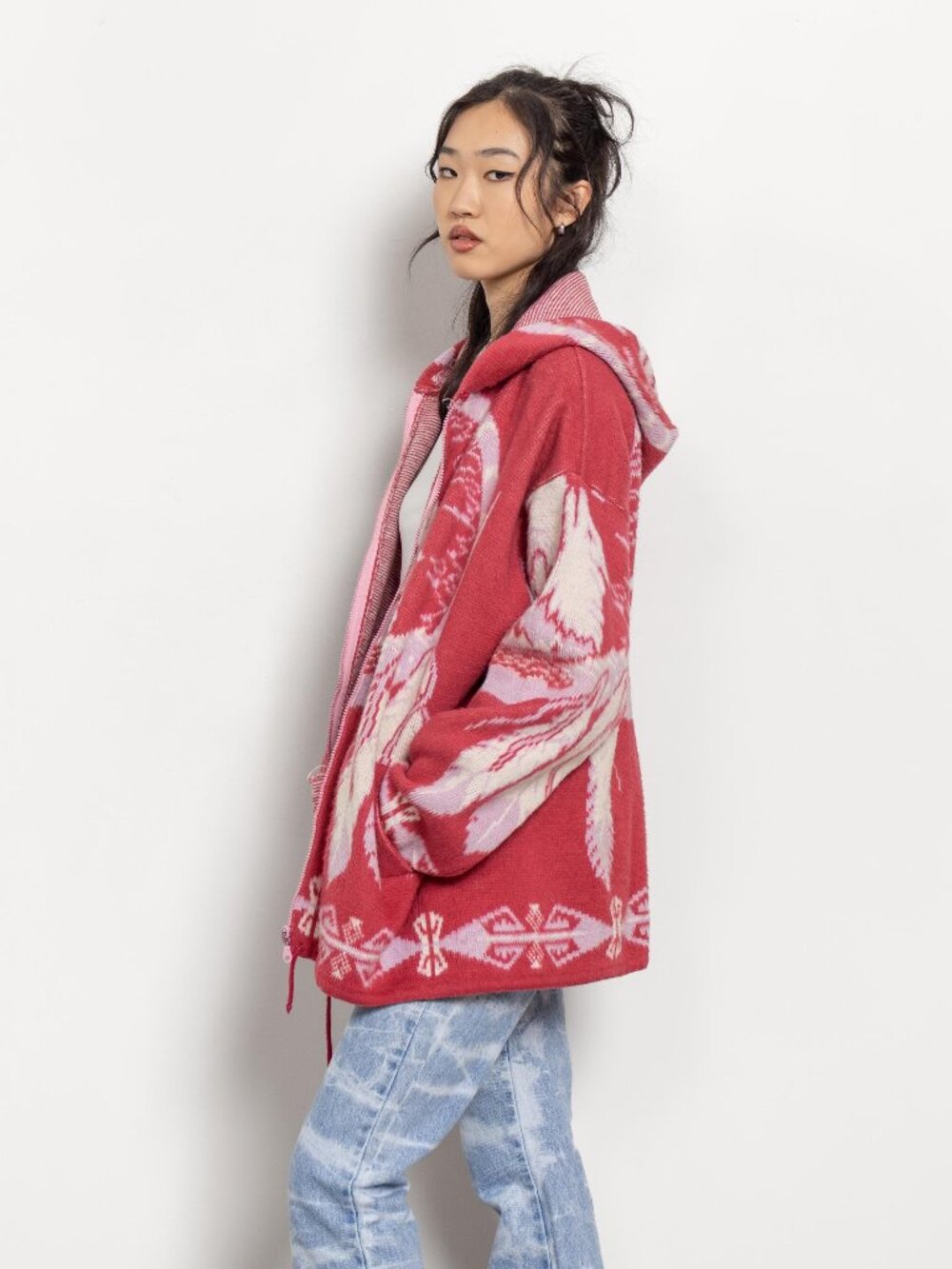 Fleece Knit Hoodie Vintage Wolves Blanket Oversize Jacket - Picture 10 of 13